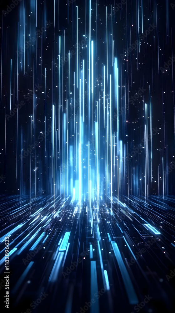 Poster abstract background with glowing blue lines and particles flowing downward on dark background
