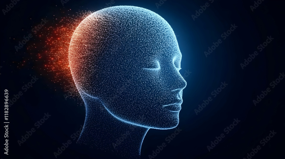 Poster abstract head composed of glowing particles dissolving into light particles background