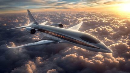 Modern passenger airplane flying high above the clouds during beautiful sunset with clouds beneath.