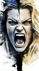 Screaming Woman Abstract Portrait with Ink Splatter and Dramatic Lighting Effects