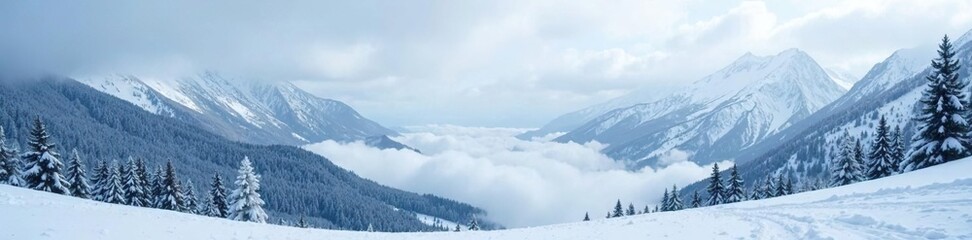 Fototapeta premium Snowy mountains with misty fog rolling in, covered in snowflakes, winter wonderland, wintery mountains, snow fall