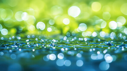 Obraz premium A microscopic view of vibrant green and blue bacteria-like structures, glowing softly under diffused ambient lighting, floating gracefully on a smooth