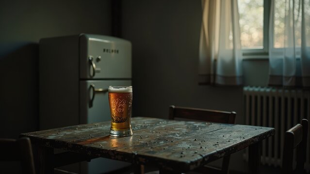 Warmly lit wood grain table set for a meal, placed cozily against a retro-style fridge