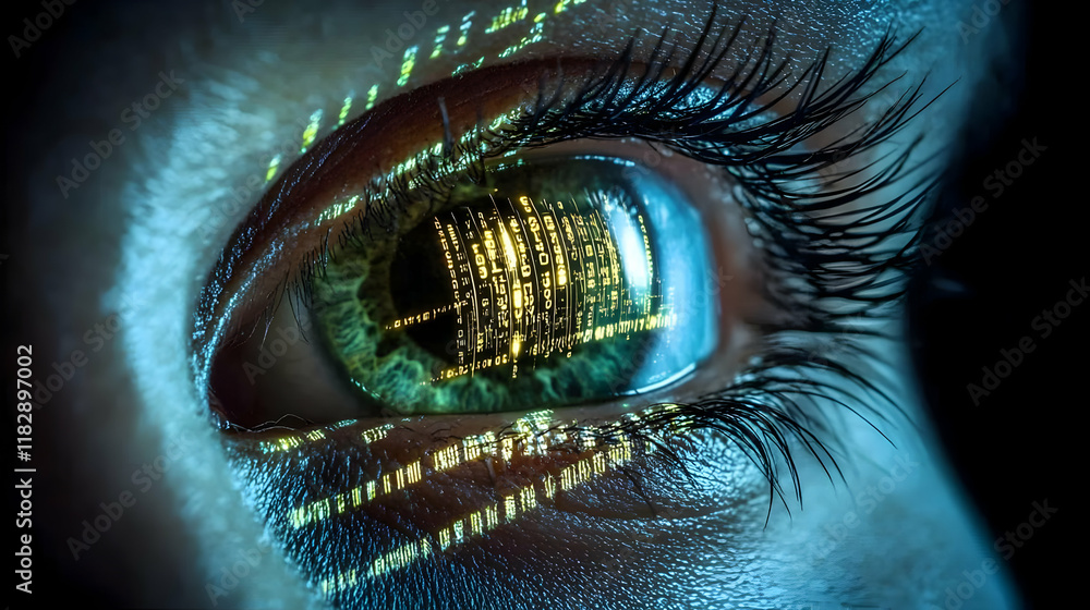 Poster close-up of an eye reflecting digital data stream in futuristic style with a dark background.