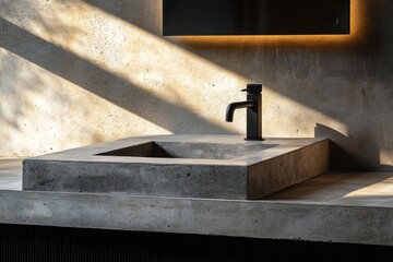 Obraz premium Minimalist Bathroom Sink Concrete Countertop Black Faucet Natural Lighting