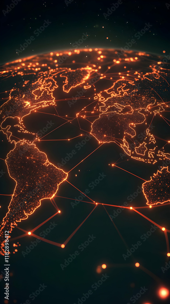 Poster glowing world map shows interconnected continents with bright lines of communication