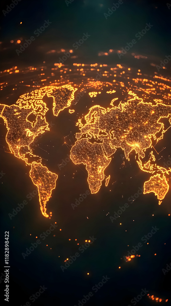 Poster glowing world map shows interconnected networks and cities across continents