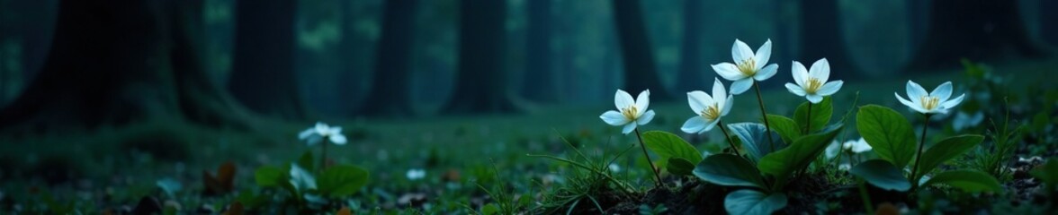 White trillium blooms against a dark, mysterious night, dark landscape, shadows