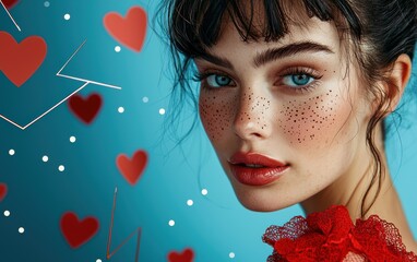Fototapeta premium A stunning lady with natural freckles and glossy lips, posing on a vivid blue background with geometric heart designs for Saint Valentines Day