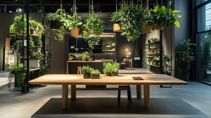 Modern Interior Design with Lush Greenery and Wooden Table