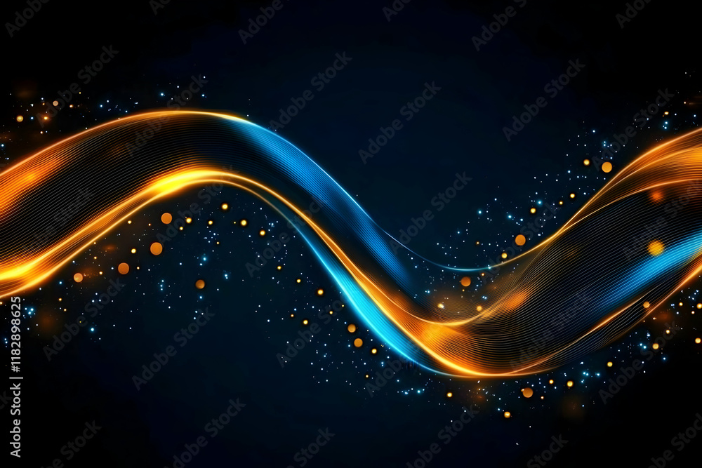Poster abstract light wave flows across a dark background with sparkling particles