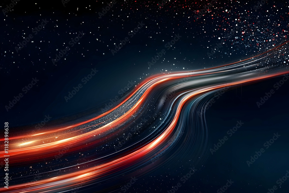 Poster abstract red and white light trails flowing gracefully across a dark background with sparkling parti
