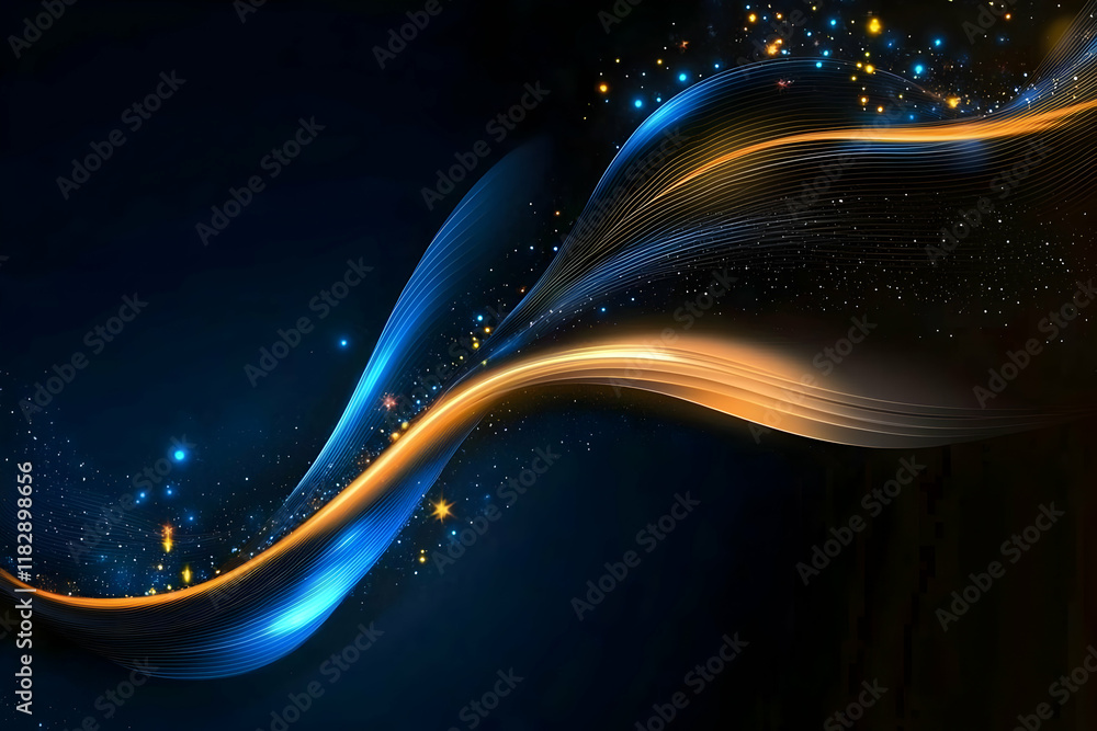 Poster abstract blue and gold wavy lines flow gracefully across a dark background with sparkling particles