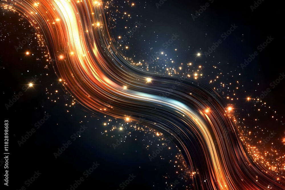 Poster abstract background with golden light trails and sparkling particles flows dynamically