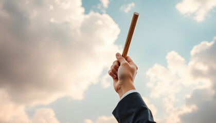 Close up hand set baton from hand to hand on sky background. Business concept for teamwork and team builder, Dreamy. isolated with white highlights