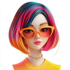 Obraz premium vibrant doll with stylish bob haircut featuring pink and blue hues, wearing orange sunglasses and yellow top, exuding trendy and playful vibe