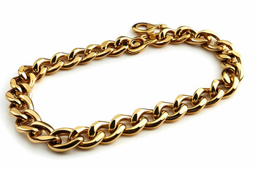 Obraz premium Shiny Gold Chain Lies on a White Background, Showcasing its Polished Links with a Secure Clasp.