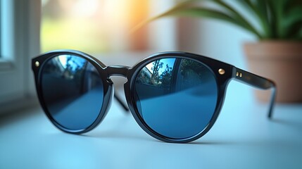 Stylish sunglasses resting on a surface with a blurred background and a plant.