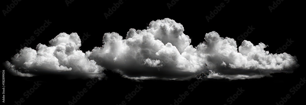 Poster fluffy clouds isolated on deep black background textured design
