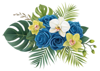 Blue Hydrangea and Chrysanthemum flowers with tropical green leaves Monstera and philodendron plant bush floral arrangement nature wedding backdrop isolated on white