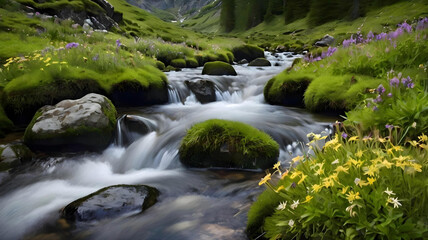 A close-up of a mountain stream flowing over mossy rocks, surrounded by wildflowers in bloom 