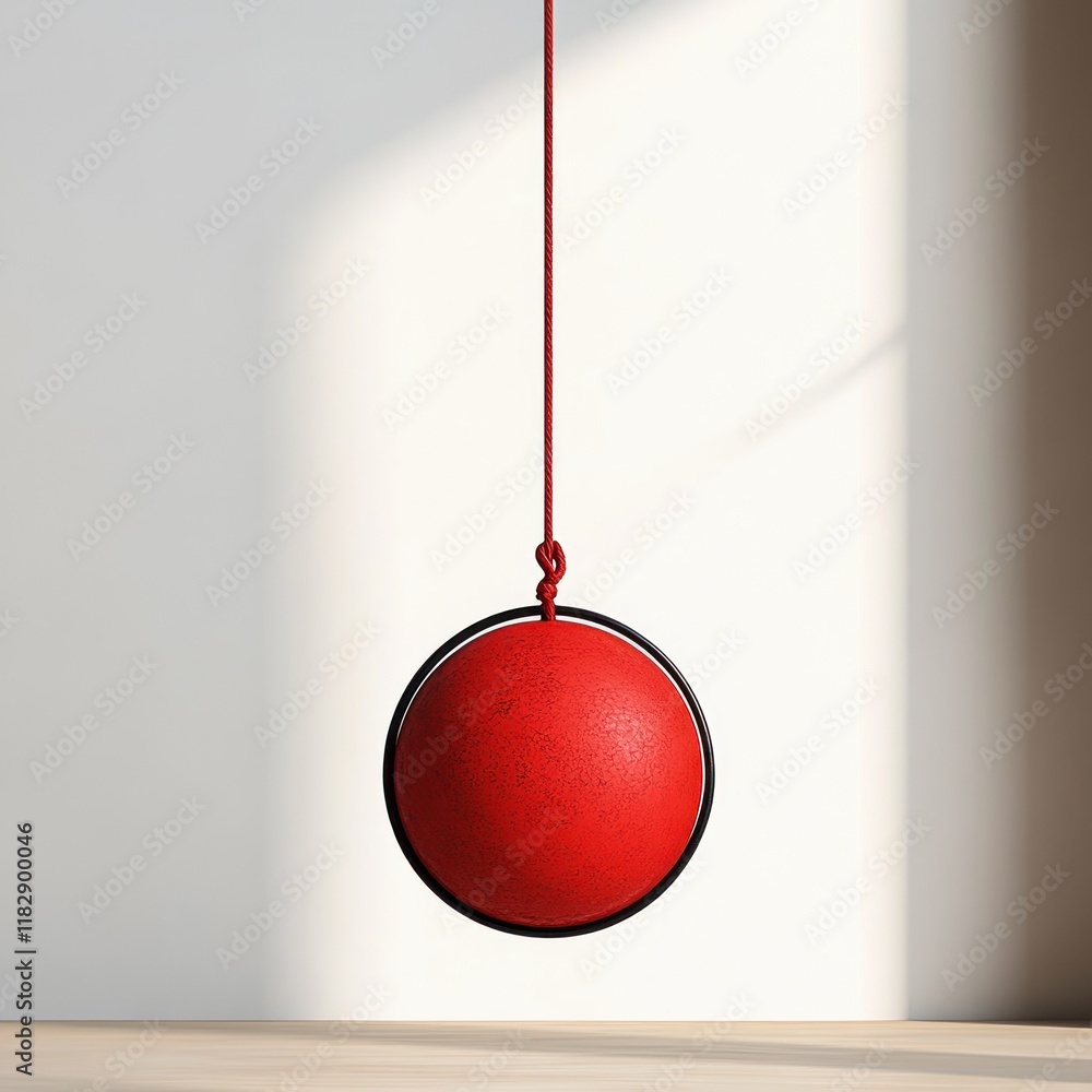 Poster red circular ornament hanging from string with shadow on white background minimalist design abstract