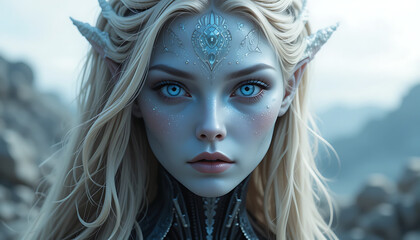 Beautiful Pleiadian, Nordic Extraterrestrial Humanoid Alien with blonde hair and blue eyes. Made by Generative AI