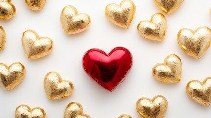 Fototapeta premium Red Heart Surrounded by Golden Hearts on White Background