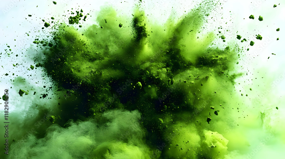 Aufkleber green powder explodes dynamically against a white backdrop, creating an abstract cloud