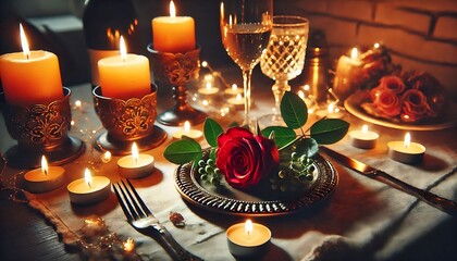 romantic candlelit dinner setting with a single rose on the table.