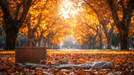 Autumn Picnic Basket Food Leaves Trees Sunlight