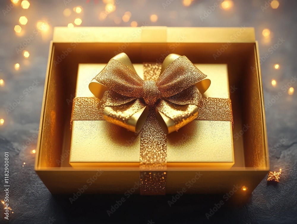 Poster open gold gift box with intricate ribbon bow 3d rendering on white background top view