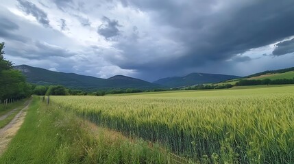 Serene Countryside Landscape Under a Dramatic Sky