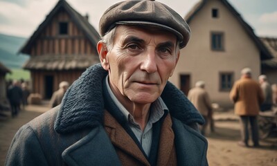 Village men in different situations at work, standing on the road, near the fire, illustrations of village life