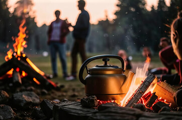 A cauldron on a fire, rest in the forest