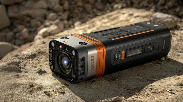 Rugged camera rests on sandy terrain, showcasing advanced design suitable for outdoor adventures and extreme conditions