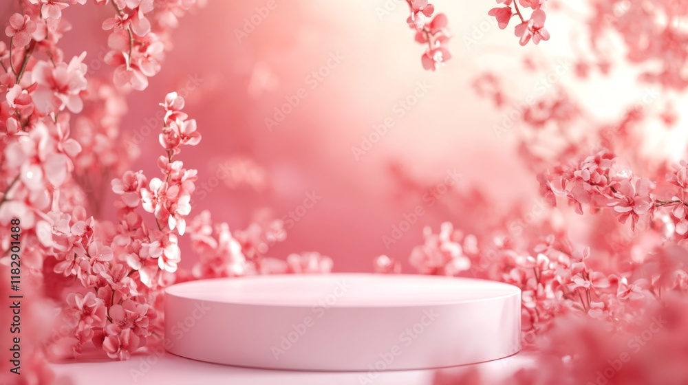 Poster soft pink blossom background with round display platform for showcasing
