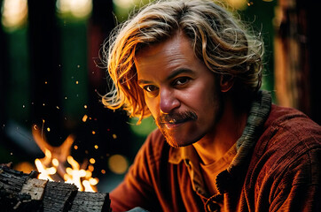 Village men in different situations at work, standing on the road, near the fire, illustrations of village life