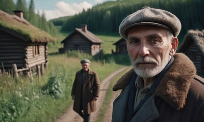 Village men in different situations at work, standing on the road, near the fire, illustrations of village life
