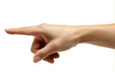 A woman hand pointing left, isolated on a clean white background