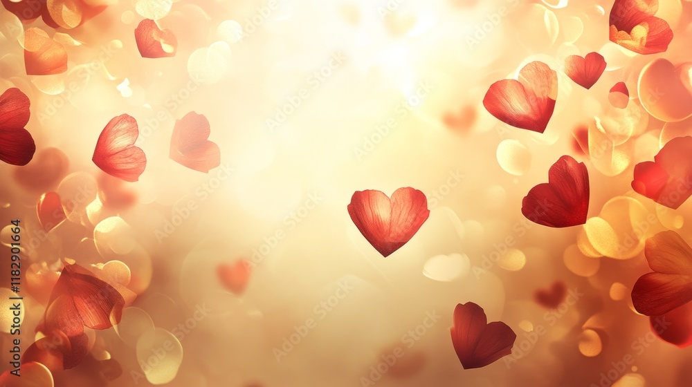 Poster romantic background with red hearts and soft golden bokeh effect