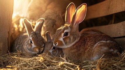 Fototapeta premium Rabbits huddled together in a wooden hutch, sunlit.
