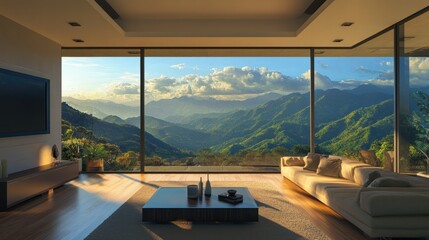 Fototapeta premium Mountain View Luxury Living Room: Serene Sunset Panorama