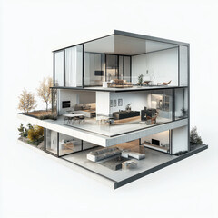 Modern architectural design showcases three story house with large glass windows, open spaces, and stylish interiors. home features greenery and contemporary furniture, creating serene atmosphere