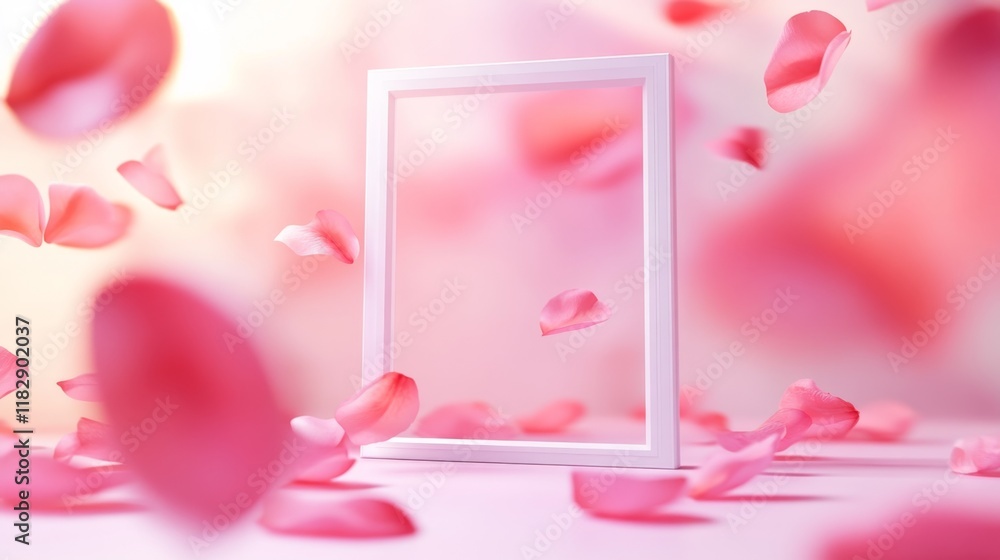 Poster romantic scene with pink petals and empty frame on soft background