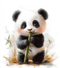 Fototapeta premium Adorable Baby Panda Holding Bamboo in Watercolor Style