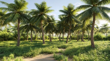 Obraz premium Lush tropical grove of coconut palm trees.
