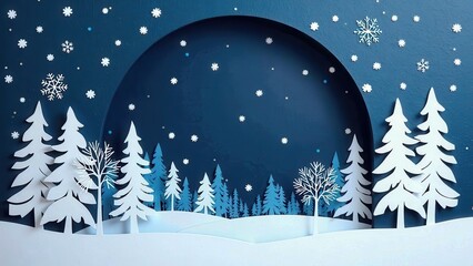 Obraz premium A whimsical winter wonderland on a dark blue backdrop, where delicate white snowflakes dance amidst a vibrant, hand-cut paper forest scene in the center