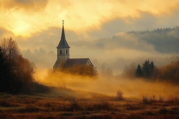 Obraz premium Autumn Sunrise Over Misty Countryside Church in Vibrant Hues of Red and Orange