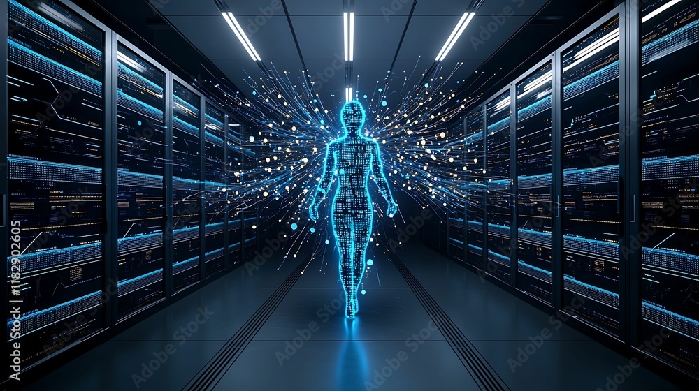 Poster a digital humanoid figure glows in a data center, surrounded by server racks and illuminated by vibr